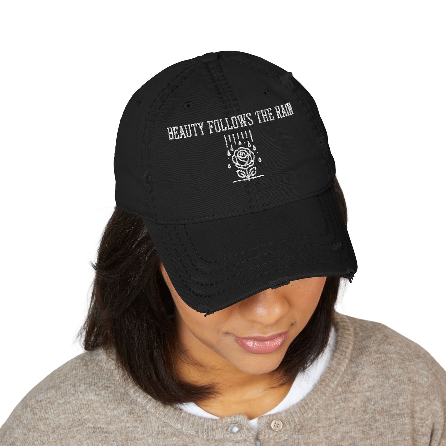 Distressed Dad Hat - "Beauty Follows The Rain" Embroidered Cap