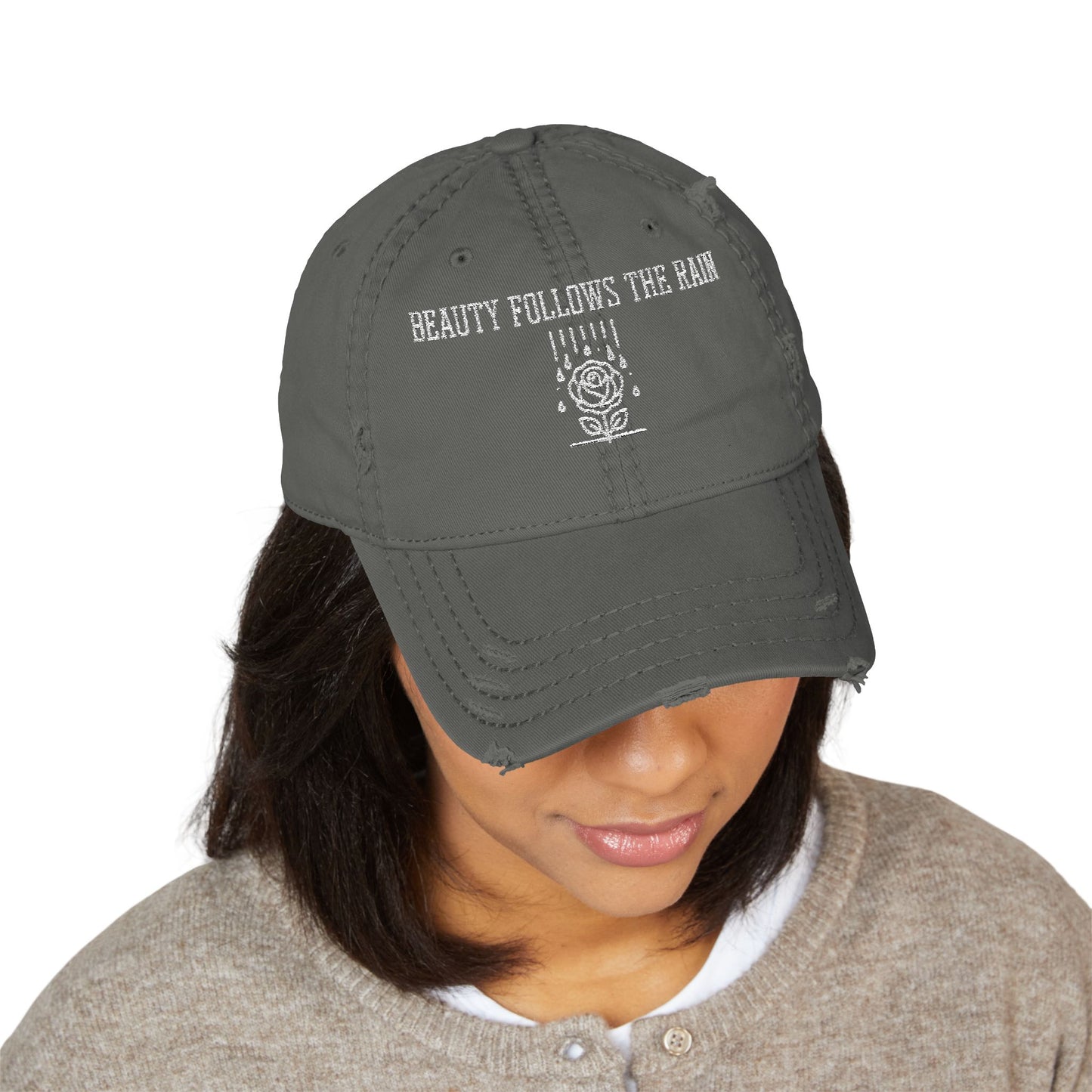 Distressed Dad Hat - "Beauty Follows The Rain" Embroidered Cap