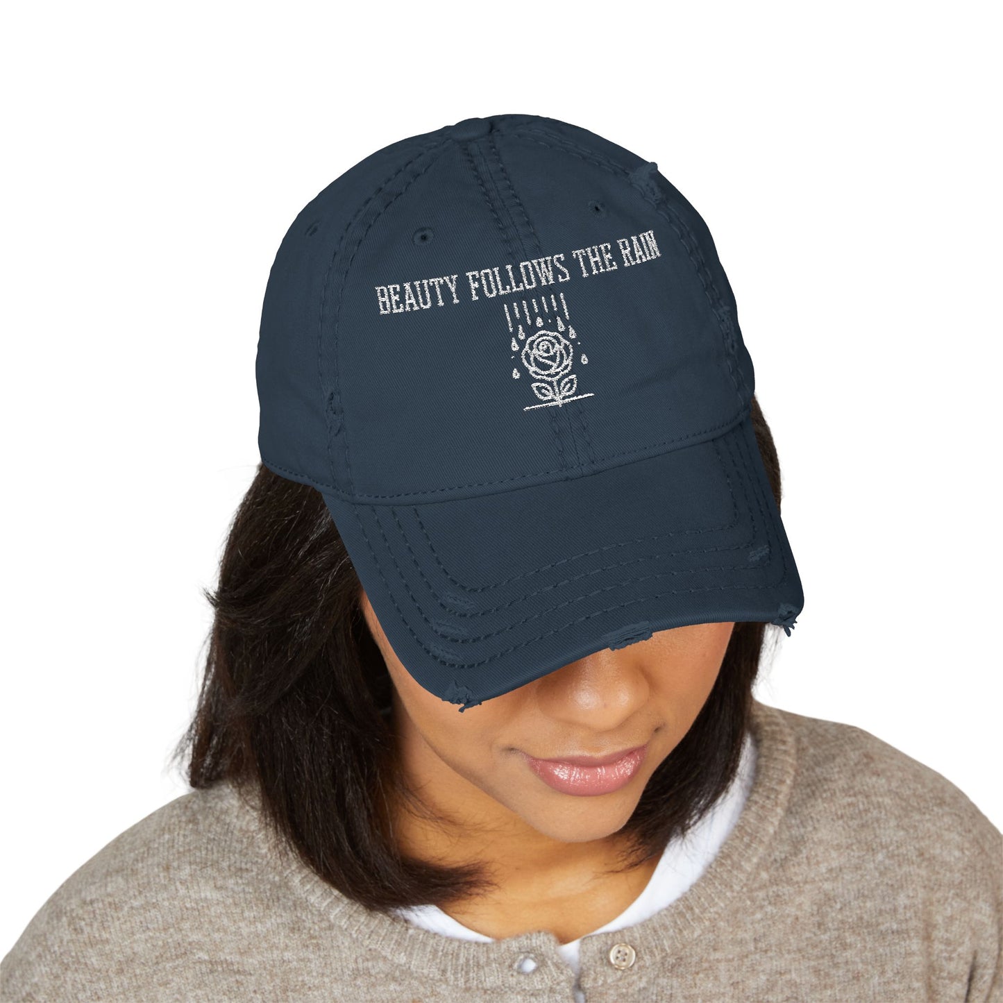 Distressed Dad Hat - "Beauty Follows The Rain" Embroidered Cap