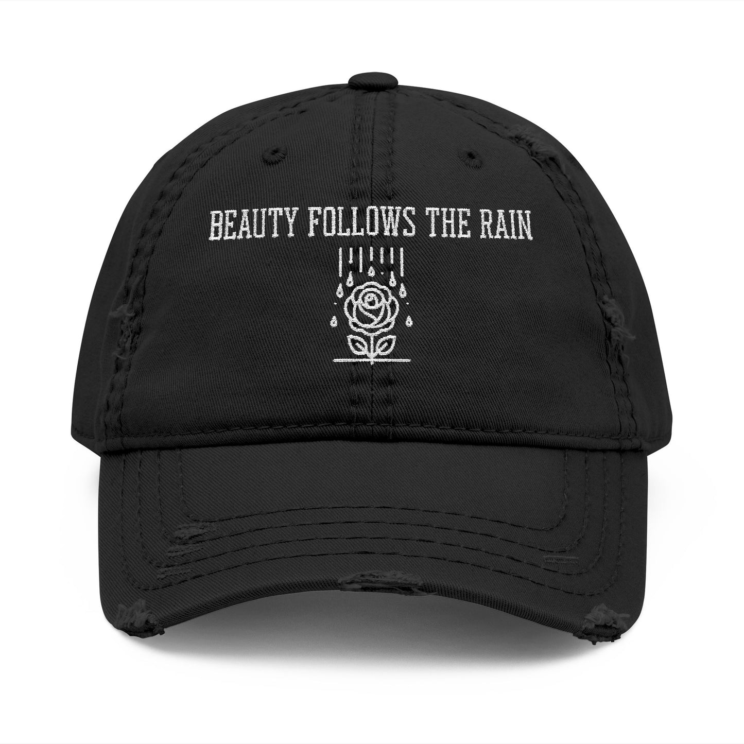 Distressed Dad Hat - "Beauty Follows The Rain" Embroidered Cap