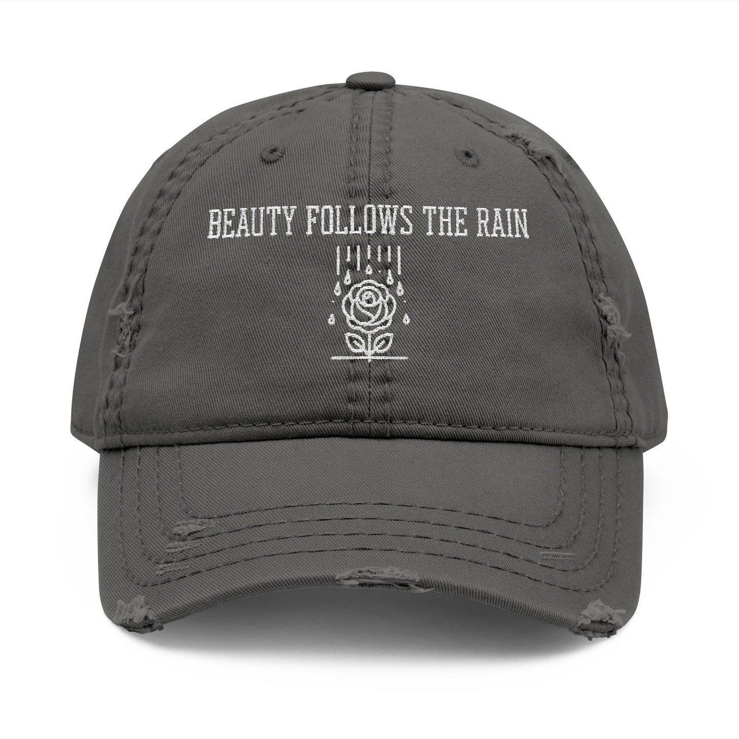 Distressed Dad Hat - "Beauty Follows The Rain" Embroidered Cap