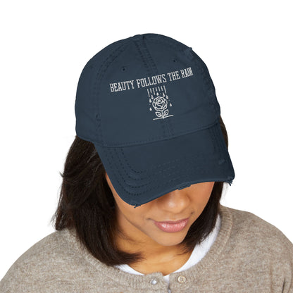 Distressed Dad Hat - "Beauty Follows The Rain" Embroidered Cap